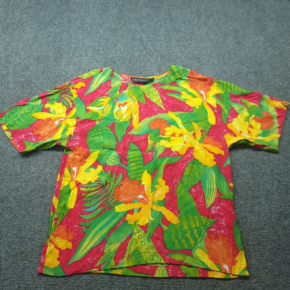 Karen Kane 90s Vintage Tropical Orchid Print Rayon Top Red Yellow Green Size 12